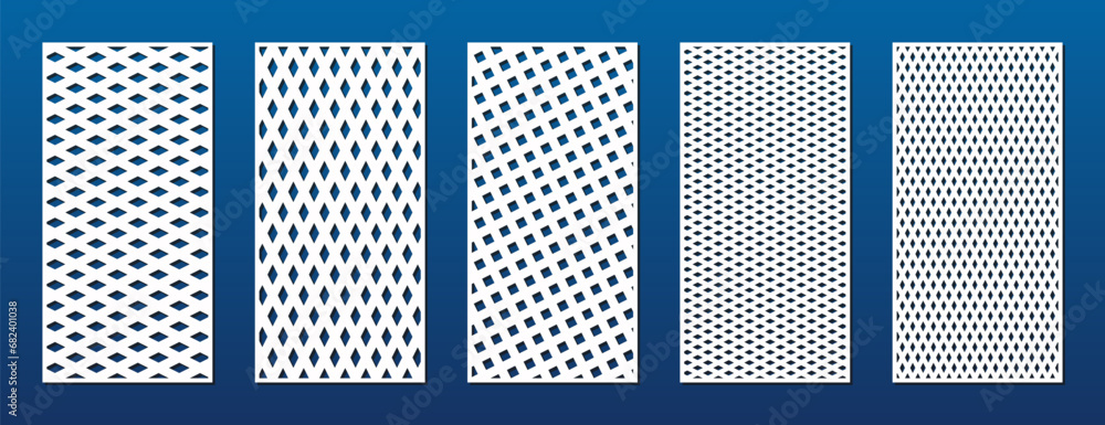 Poster laser cut, cnc cutting patterns set. abstract vector geometric ornaments with grid, net, mesh, lines