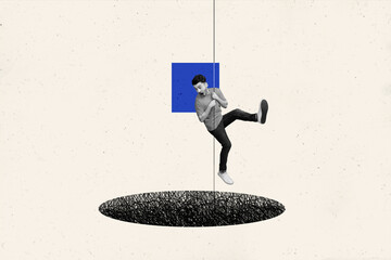 Creative collage artwork poster image of young man hanging on rope looking down panic watching deep...