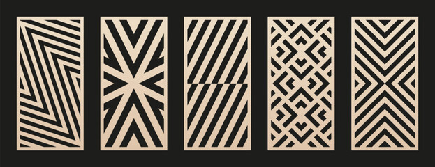 Laser cut patterns set. Vector collection of CNC cutting templates with abstract geometric ornament, grid, lines, chevron. Decorative stencil for laser cut of wood, metal, plastic. Aspect ratio 1:2