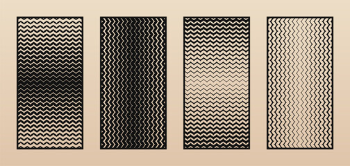 Laser cut panel set. Vector abstract geometric patterns with halftone wavy lines, stripes, gradient transition. Modern decorative stencil for CNC cutting of wood, metal, plastic. Aspect ratio 1:2 - obrazy, fototapety, plakaty