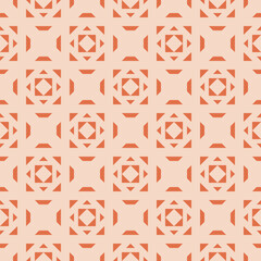 Seamless geometric pattern with abstract floral designs in orange and beige hues. Simple vector background for textile, wallpaper, packaging. Intricate repeat ornament texture with retro feel