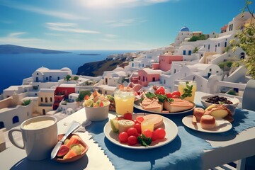 Colorful tropical breakfast on the island of Santorini - obrazy, fototapety, plakaty