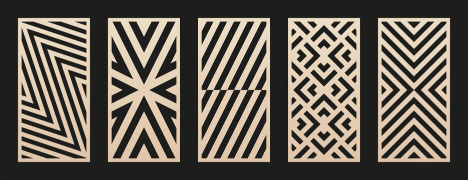 Laser cut patterns set. Vector collection of CNC cutting templates with abstract geometric ornament, grid, lines, chevron. Decorative stencil for laser cut of wood, metal, plastic. Aspect ratio 1:2