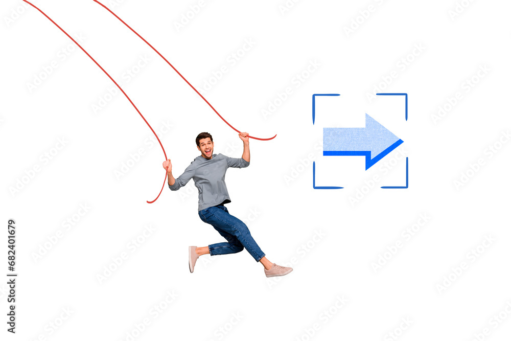 Poster creative collage artwork of young funky guy hanging hands strings watching pointer direction way to 
