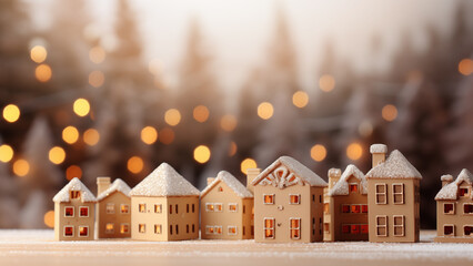 Miniature snow-covered houses with warm lights against a bokeh background