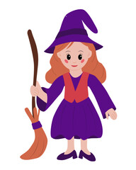Cute kawaii magical female character. Young witch with mop. Female fictional character in flat cartoon style. Perfect for printout, stickers, prints