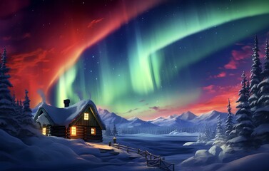 Finnish house in Lapland, snowy landscape, Northern Lights in the background, North Pole - obrazy, fototapety, plakaty