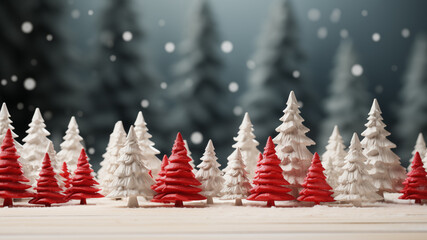 Festive red and white miniature Christmas trees create a striking contrast on a snowy table