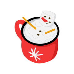 hand drawn, hand, drawn, doodle, flat, red, bold, vector, drink, cup, cocoa, chocolate, whipped cream, marshmallow, snowman, Christmas, decoration, winter, variation, vintage, old, illustration, creat