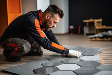 Male worker installing new wooden laminate flooring. The combination of wood panels of laminate and ceramic tiles in the form of honeycomb. Kitchen renovation.