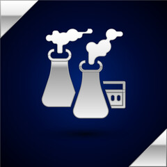 Silver Smoke from factory icon isolated on dark blue background. Environmental pollution problem, smoke pipes of factory, ecology industrial harm. Vector