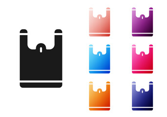 Black Plastic bag icon isolated on white background. Disposable cellophane and polythene package prohibition sign. Set icons colorful. Vector