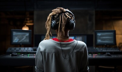 Fototapeta premium Sound engineer with headphones in studio