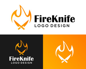Restaurant kitchen knife and fire logo design.