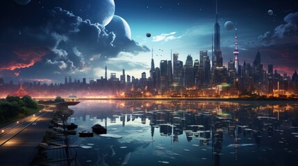 Fantasy night city with skyscrapers, river and moon