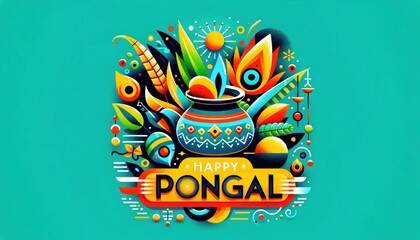 Vibrant illustration celebrating Pongal Festival with traditional pots, sugarcane, and a burst of colorful patterns and motifs. Pongal Harvest Festival India celebrated by Tamil, Cultural Festival