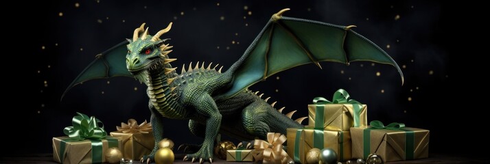 anner with Green Chinese dragon, symbol of the new year 2024, on gift boxes