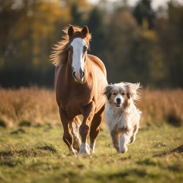  horse and dog running in the field, horse in the garden , running pic of dog 
