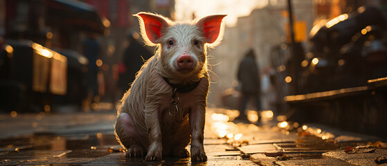 Straßenszene mit leinengeführtem Schwein - obrazy, fototapety, plakaty