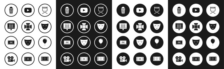 Fototapeta premium Set Director movie chair, Movie spotlight, Buy cinema ticket online, Popcorn cardboard box, Comedy theatrical mask, Play, Balloon with ribbon and Laptop screen 4k video technology icon. Vector