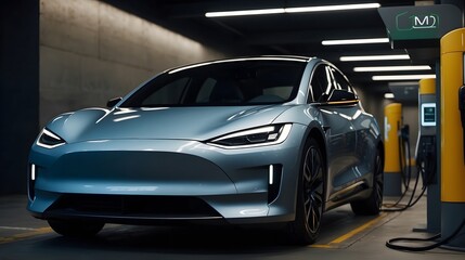 electric car with clean energy charging at electric charging station, sustainable luxury car, eco friendly renewable energy concept