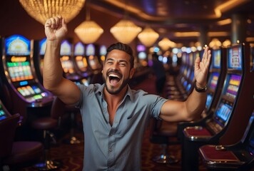 Excited man celebrating winning money in the casino, male player standing by the slot machines, gambling addiction.