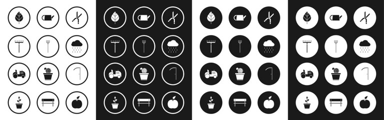 Set Gardening handmade scissors, pitchfork, rake, Leaf, Cloud with rain, Watering can, Scythe and Tractor icon. Vector