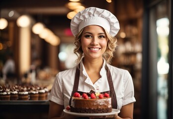 Chef white women wearing apron and hat, cake and bread on the background