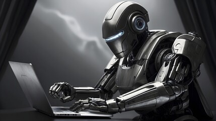 Articifial intelligence robot using laptop computer, advisor chatbot robotic artificial intelligence concept. - obrazy, fototapety, plakaty