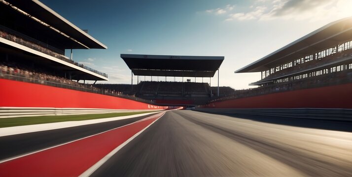 F1 race track circuit road with motion blur, grandstand stadium for Formula One racing