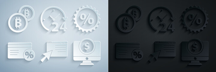 Set Online shopping on screen, Discount percent tag, card with, Computer monitor dollar, Clock 24 hours and Cryptocurrency coin Bitcoin icon. Vector