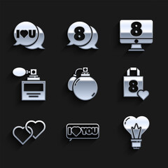 Set Perfume, Speech bubble with I love you, Heart shape in a light bulb, Shopping bag heart, Two Linked Hearts, 8 March on monitore and icon. Vector