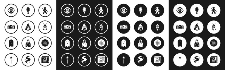 Set Voodoo doll, Witch, Three tarot cards, Hypnosis, Dream catcher with feathers, Magic hand mirror, Spider web and Ghost icon. Vector