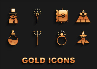 Set Neptune Trident, Masons, Wizard warlock, Magic stone ring with gem, Bottle love potion, Ancient magic book, Magician and staff icon. Vector
