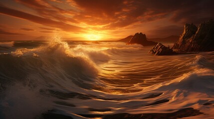 an AI masterpiece of a seaview at sunrise, with the first rays of light painting the waves in gold - obrazy, fototapety, plakaty