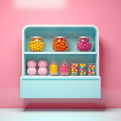 Small cabinet for candy store or children's room with storage containers for sweets or candies in yellow pink light blue pop art