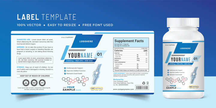 Vitamin label sticker design and food supplement banner packaging health product.