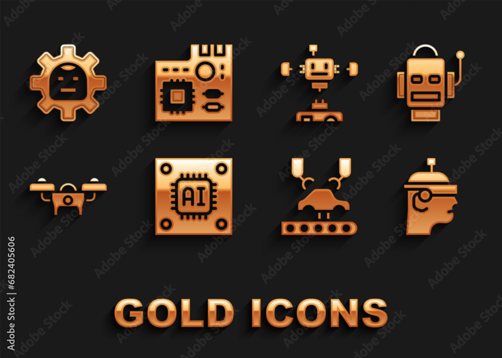 Poster set processor with microcircuits cpu, robot, smart glasses, robotic robot arm on factory, drone, dis
