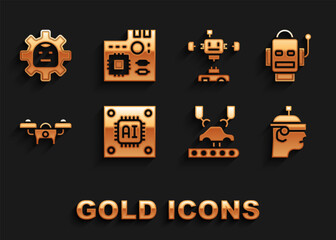 Set Processor with microcircuits CPU, Robot, Smart glasses, Robotic robot arm on factory, Drone, Disassembled, and Motherboard digital chip icon. Vector