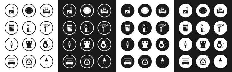 Set Time to sleep, Bottle of water with glass, Glass, Stationary bicycle, Carrot fork, Fitness ball, Avocado fruit and Smartwatch icon. Vector