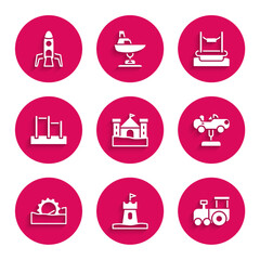 Fototapeta premium Set Sand castle, tower, Toy train, Swing car, Ferris wheel, Horizontal bar, Bungee and Rocket ship icon. Vector