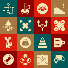 Set Delivery tracking, Arrow, Infographic element, Project team base, Many ways directional arrow, Hierarchy organogram chart and icon. Vector
