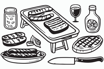Barbecue grill hand-drawn outline doodle Set. BBQ Vector Illustration Barbecue party Sketch