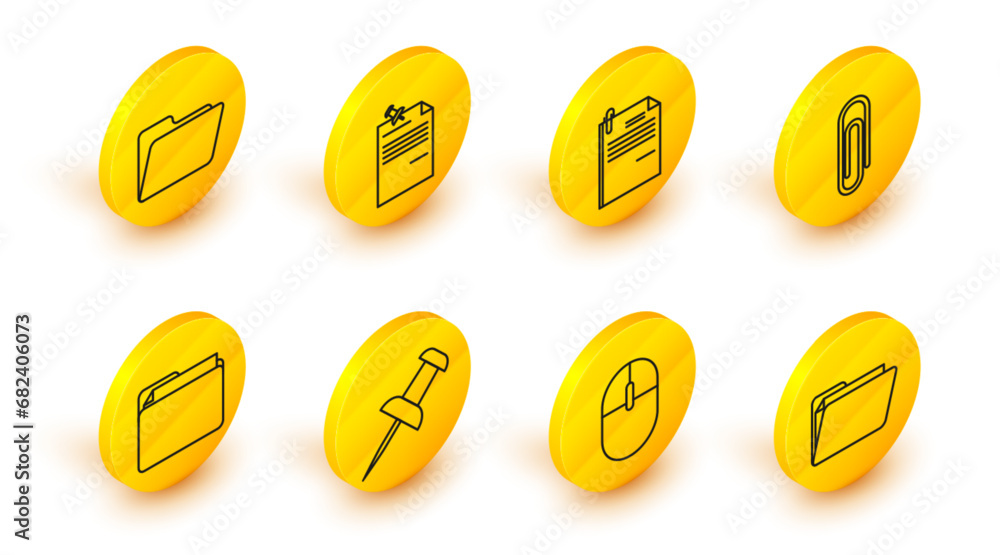 Poster set line document folder, computer mouse, push pin, paper clip, file document and paper, note with p