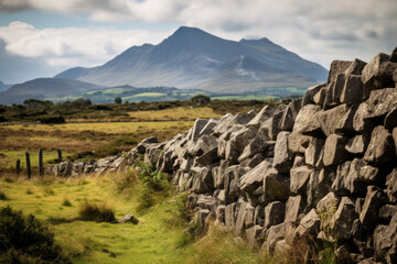 A stone wall in Connemara, Ireland with a mountain in the distance. Together they symbolise security and defence