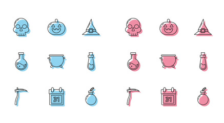 Set line Scythe, Calendar with Halloween date 31 october, Skull, Bomb ready explode, witch cauldron, Bottle potion, and Pumpkin icon. Vector