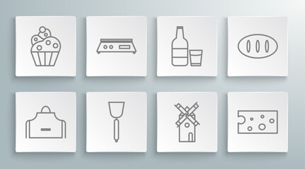 Set line Kitchen apron, Electronic scales, Spatula, Windmill, Cheese, Glass bottle with milk and glass, Bread loaf and Cupcake icon. Vector