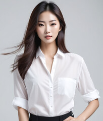 Fototapeta premium beautiful young Japanese woman with long hairstyle soft careless curls in a white shirt on a light background