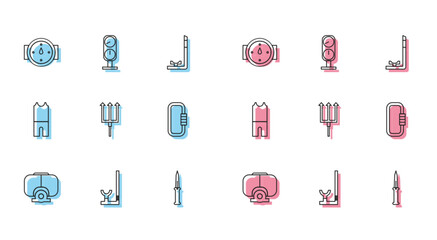 Set line Diving mask, Snorkel, Wind rose, Army knife, Neptune Trident, Carabiner, Wetsuit for scuba diving and Gauge scale icon. Vector
