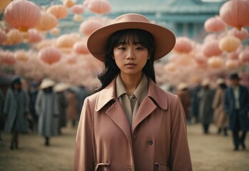 Fashion women wearing hat and coat, diffused colors adding to the surreal atmosphere